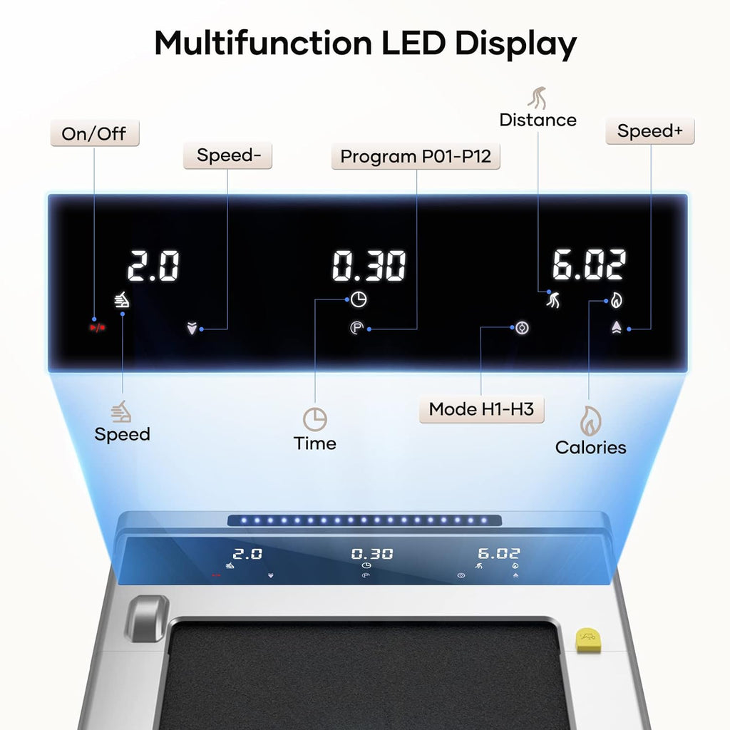 2 in 1 Electric Treadmill, Walking Pad Laufband für Zuhause, 10km/h Elektrisches Laufband mit LED, 2.25HP Under Desk Schreibtisch Treadmill, Fernbedienung und App, Doppelter Stodmpfung