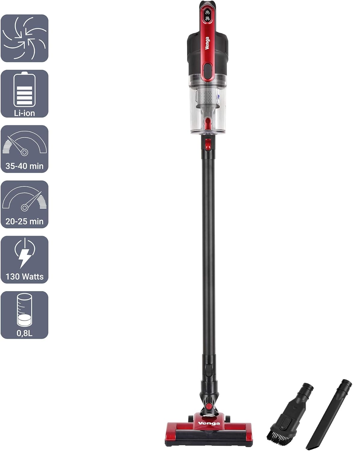 Venga! 2-in-1-Stiel- und Handstaubsauger, 4 m Anschlusskabel, beutellos, 2-in-1-Bodenbürste + 2 Extras, bis zu 20 kPa Saugleistung, rot/schwarz, 600 W, VG HVC 3001