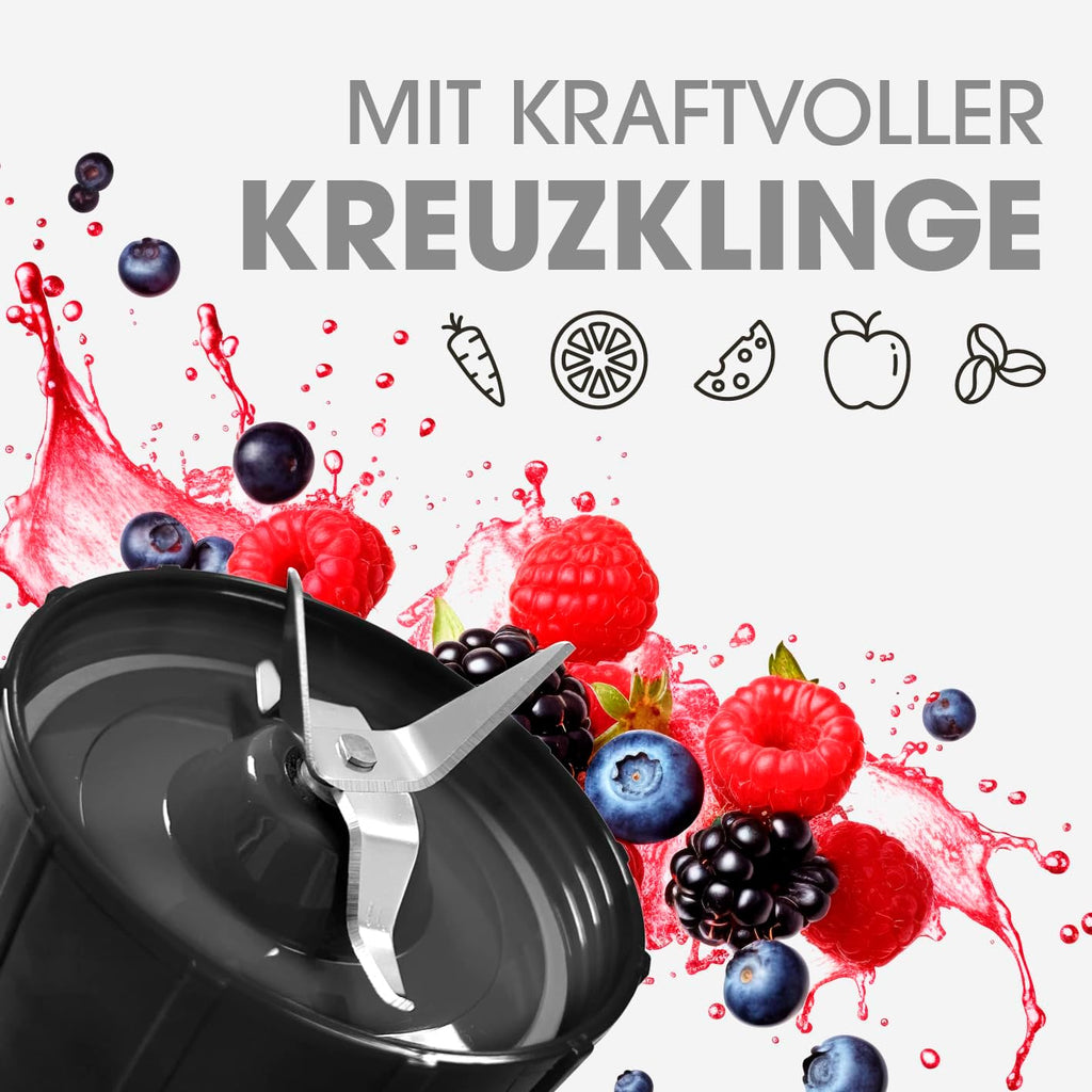 GOURMETmaxx Frullatore per Smoothie e Frullatore a Immersione Set da 18 pezzi - 400W | Frullatore Elettrico da 750ml, Mixer con 4 Bicchiere To-Go, 2 Lame, Spremiagrumi, Piedistallo e Coperchio | Lavabile in Lavastoviglie, a Prova di Perdite e Senza BPA