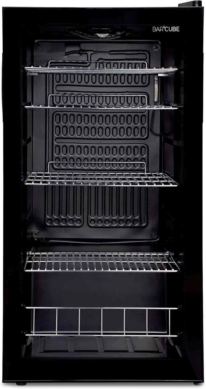 °CUBES Frigorifero per bevande 90L con porta in vetro e 4 ripiani regolabili | Frigorifero compatto per bottiglie, perfetto per casa, ufficio, feste e ristorazione | Elegante frigorifero con porta in vetro, nero