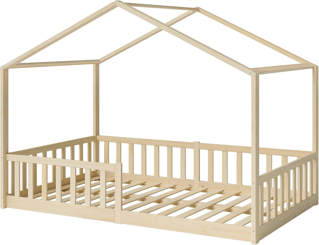 Bellabino Lettino per bambini Bia 140x200 cm, letto a capanna per bambini con protezione anticaduta e rete a doghe arrotolabile, letto a terra Montessori bianco in legno massello di pino