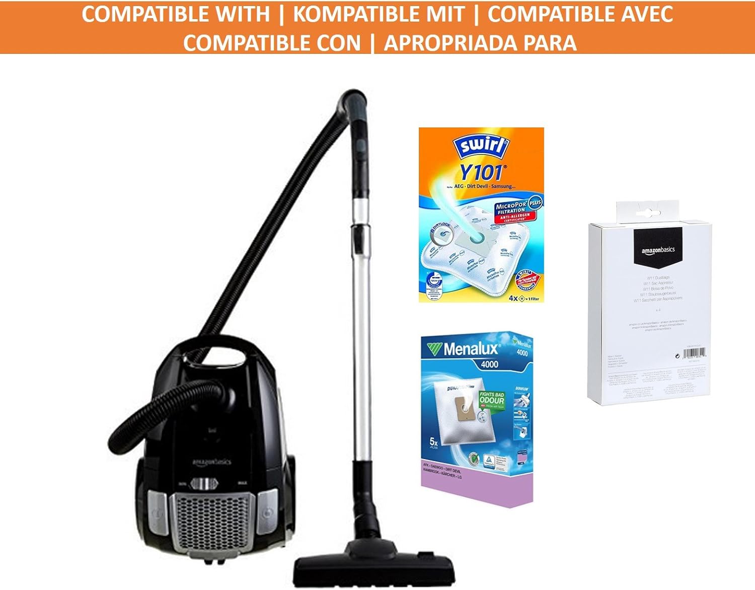 Amazon Basics - Aspirapolvere con sacchetto, potente, compatto e leggero, per pavimenti duri e tappeti, filtro HEPA, 700 W, 1,5 l, UE, nero
