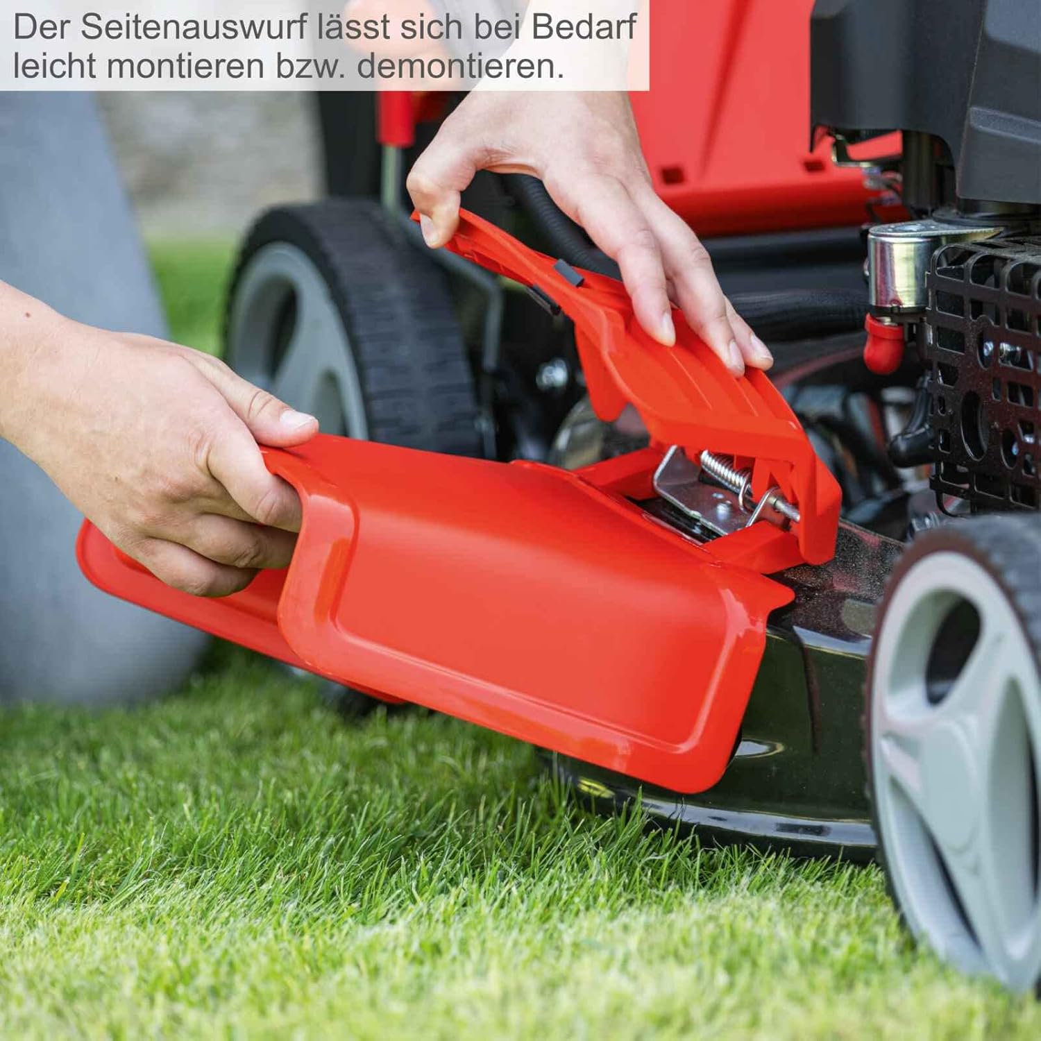 Scheppach MS150-46E Rasaerba a benzina con avviamento elettrico | Larghezza di taglio 46 cm | Funzione di pulizia | Cesto di raccolta da 55 litri | Scocca in acciaio | Regolazione altezza a 7 posizioni | Funzione mulching | Trazione | Scarico laterale