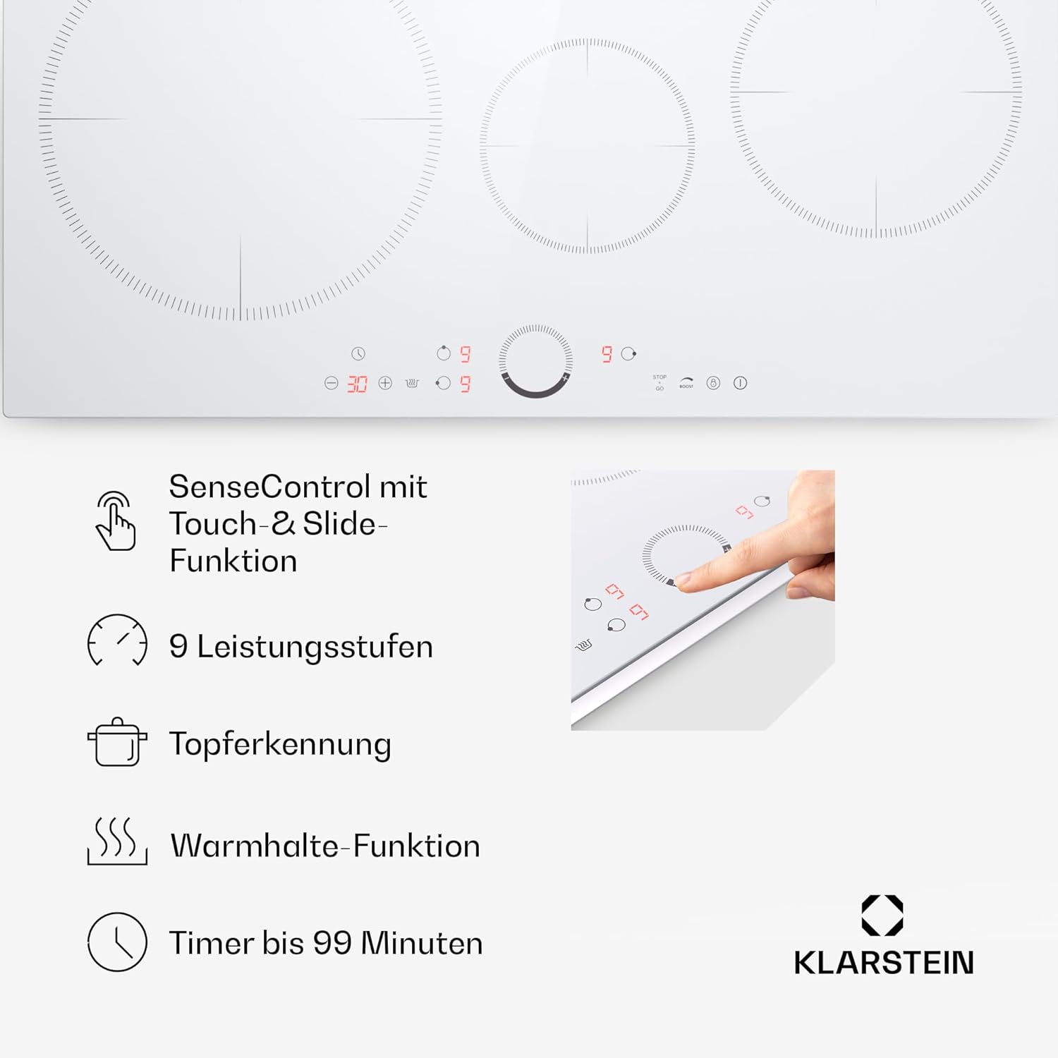 Klarstein Piano Cottura a Induzione, Piano Cottura in Vetroceramica, con 4 Piastre, Incasso con Display Touch, Display Digitale e Funzione Timer, Riscaldamento Veloce, 7000 Watt
