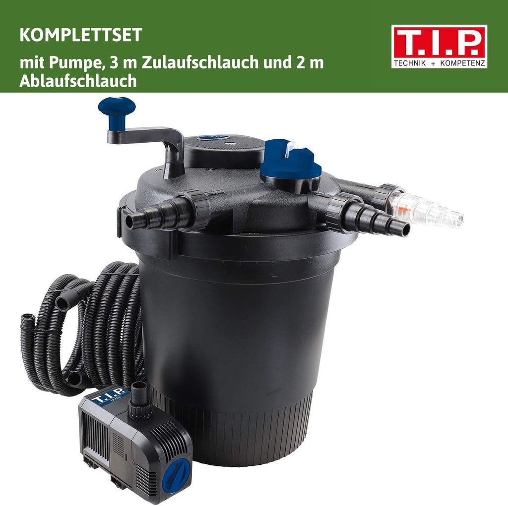 T.I.P. Filtro per laghetto - Set filtro a pressione per laghetto (capacità laghetto 5.000 l, portata 1.500 l/h, UV-C 9 Watt, funzione di controlavaggio integrata, inclusa pompa, lampada UV-C, tubi flessibili, materiale filtrante) TFP 5000 UV 9, 30297