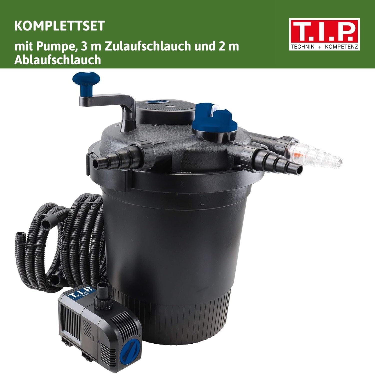 T.I.P. Filtro per laghetto - Set filtro a pressione per laghetto (capacità laghetto 5.000 l, portata 1.500 l/h, UV-C 9 Watt, funzione di controlavaggio integrata, inclusa pompa, lampada UV-C, tubi flessibili, materiale filtrante) TFP 5000 UV 9, 30297