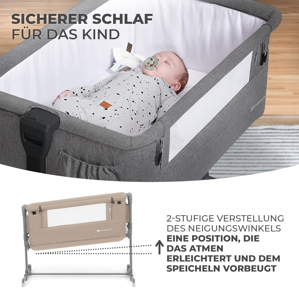 Kinderkraft NESTE GROW Lettino 3 in 1, Lettino da affiancare, Lettino da neonato dalla nascita fino a 2 anni, con materasso, borsa per il trasporto, ruote, regolazione dell'altezza a 5 livelli, angolo del materasso regolabile, Beige