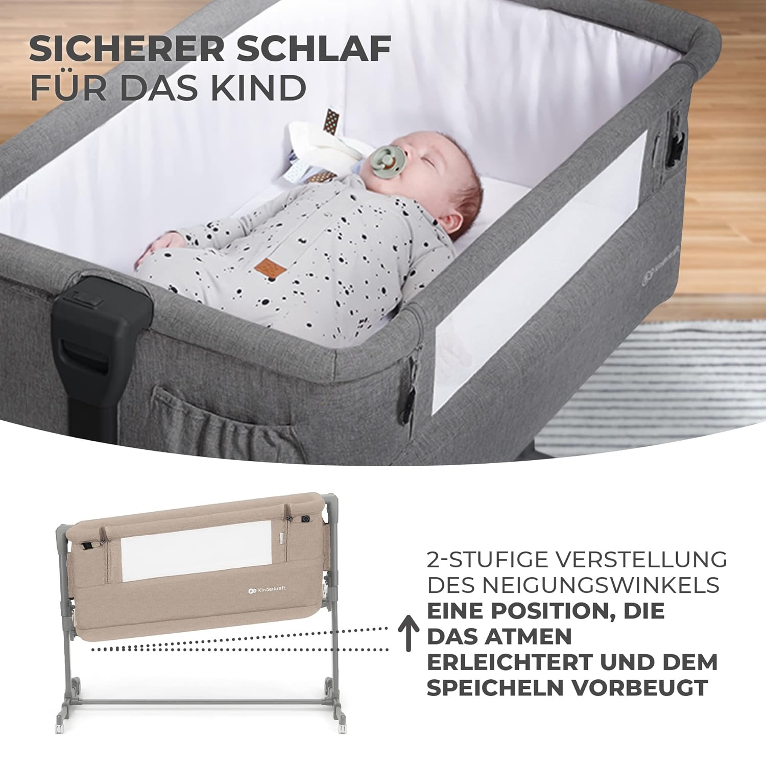 Kinderkraft NESTE GROW Lettino 3 in 1, Lettino da affiancare, Lettino da neonato dalla nascita fino a 2 anni, con materasso, borsa per il trasporto, ruote, regolazione dell'altezza a 5 livelli, angolo del materasso regolabile, Beige