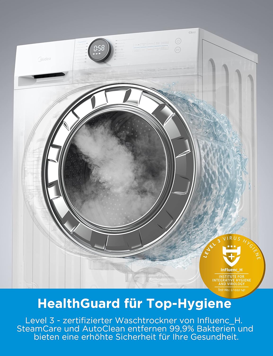 Lavasciuga Midea MF200D86WB-14EAS, 8/6kg lavaggio/asciugatura, Motore Inverter, Refresh, 60 min. Lavaggio e Asciugatura, Steam Care, Turbo Wash, 48 cm profondità, Controllo APP, AquaStop