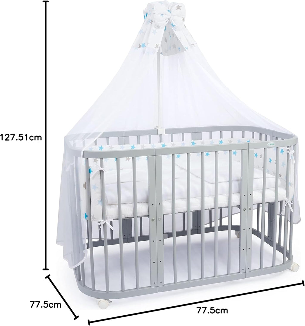 Waldin Lettino per bambini in legno 7in1 con materasso, Letto "Cresci con me", Ventilato, Base regolabile in 5 altezze, Set All-Inclusive, Legno Bianco