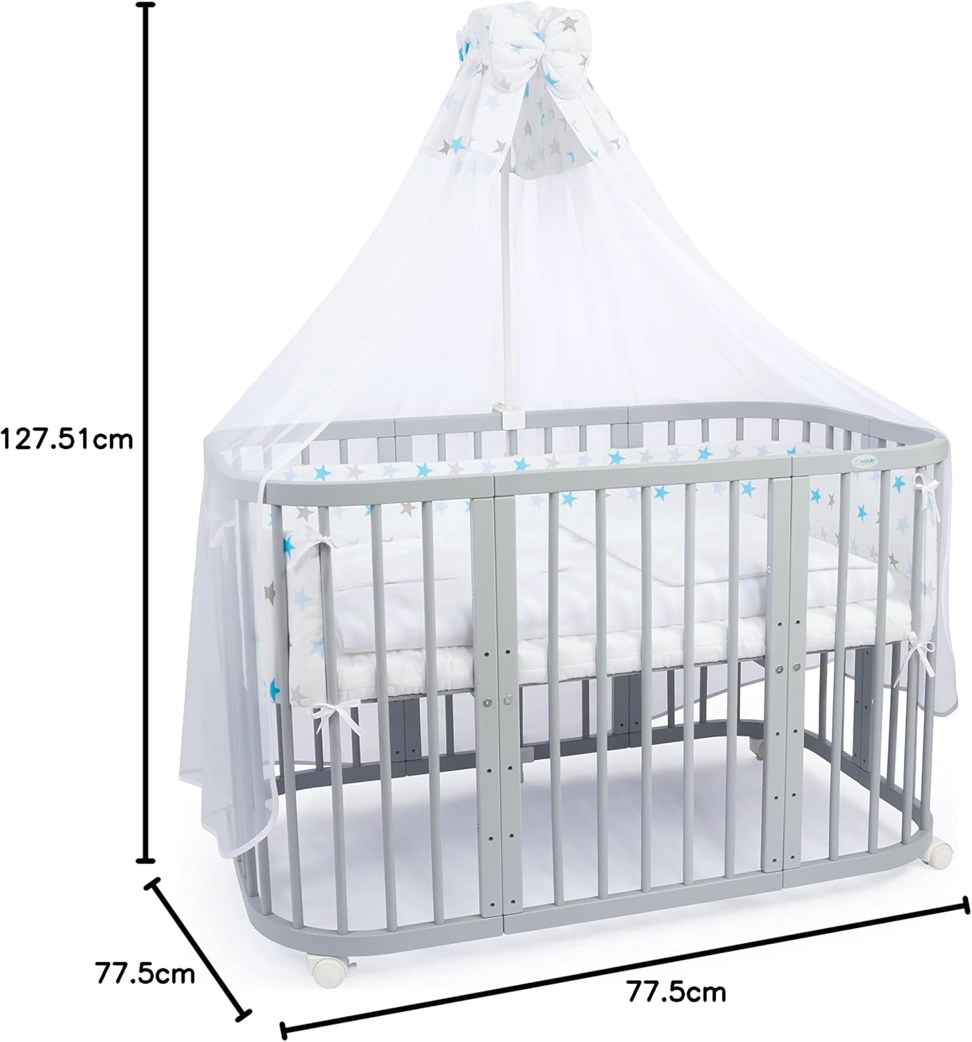 Waldin Lettino per bambini in legno 7in1 con materasso, Letto "Cresci con me", Ventilato, Base regolabile in 5 altezze, Set All-Inclusive, Legno Bianco