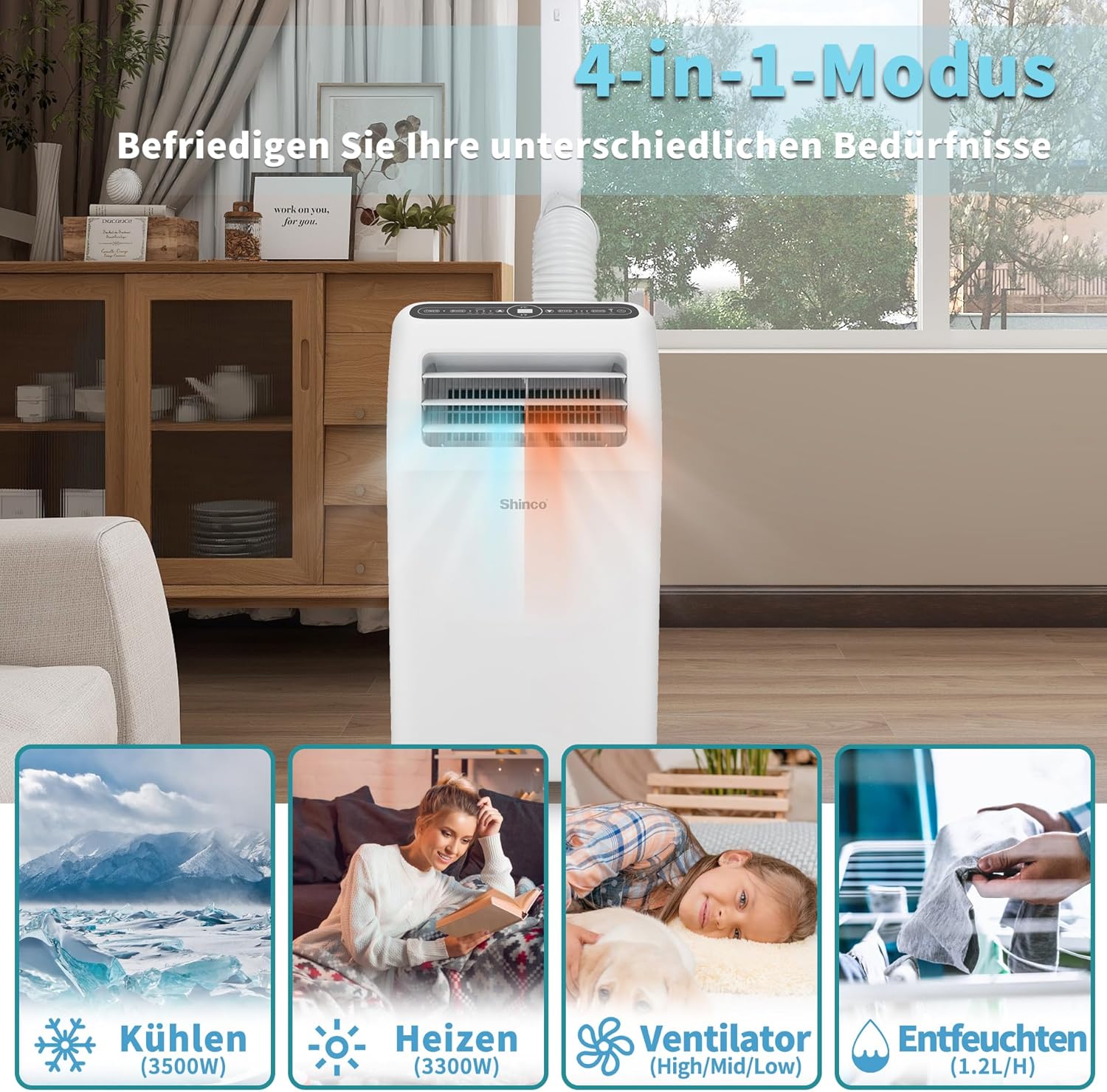 SHINCO Condizionatore Portatile con Tubo di Scarico, Climatizzatore 3-in-1 con Deumidificatore e Ventilatore, 7000BTU, 2,05 kW, Condizionatore Mobile con Modalità Notturna, Timer e Materiale di Montaggio, Ambienti Fino a 54m