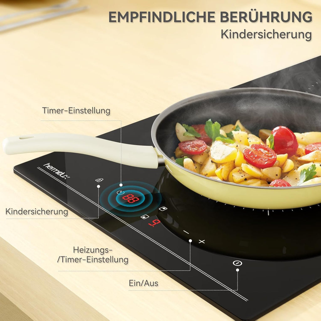 Hermitlux Domino Glaskeramikkochfeld,Eingebaut 29 cm schwarz Glaskeramik elektrisches Kochfeld,9 Leistungsstufen,Sensor-Touch-Steuerung, Kindersicherung, 1-99 Minuten-Timer,Geeignet für Alle Tpfe