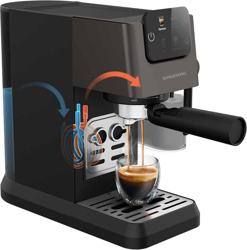 GRUNDIG KSM 5330 Macchina da caffè con portafiltro e contenitore per il latte integrato, 1628 W di potenza, 15 bar di pressione della pompa, ugello doppio, display touch a colori, BrewSense, CreamyPro, Inox scuro/Nero