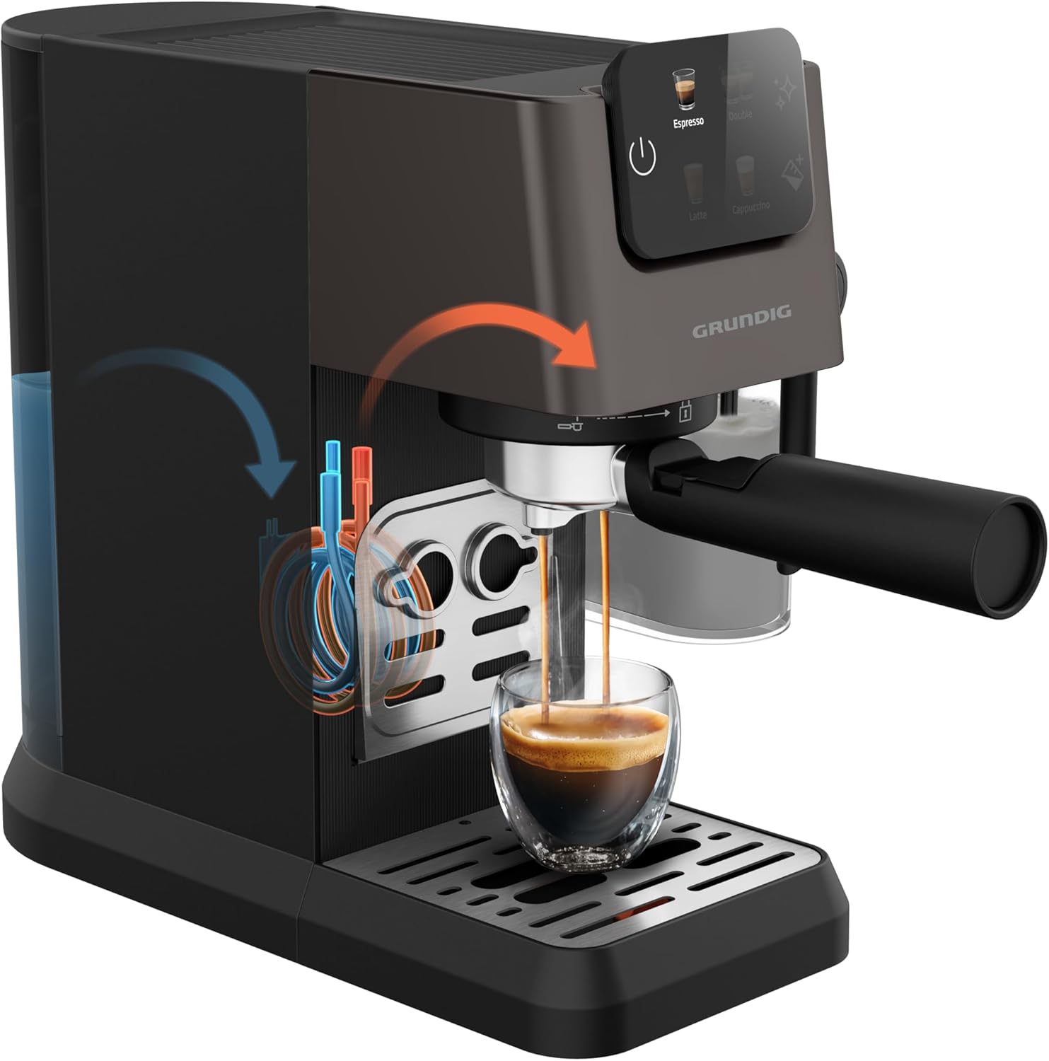 GRUNDIG KSM 5330 Macchina da caffè con portafiltro e contenitore per il latte integrato, 1628 W di potenza, 15 bar di pressione della pompa, ugello doppio, display touch a colori, BrewSense, CreamyPro, Inox scuro/Nero