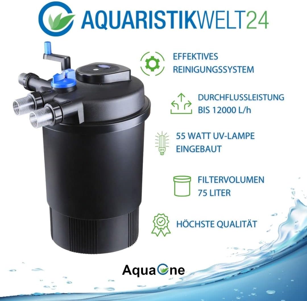 AquaOne Filtro per laghetto a pressione CPF-30000 I Filtro per laghetto fino a 60.000 litri I Filtro biologico per laghetto con sterilizzatore UV-C da 55 Watt con pulizia a manovella I acqua limpida senza alghe in sospensione
