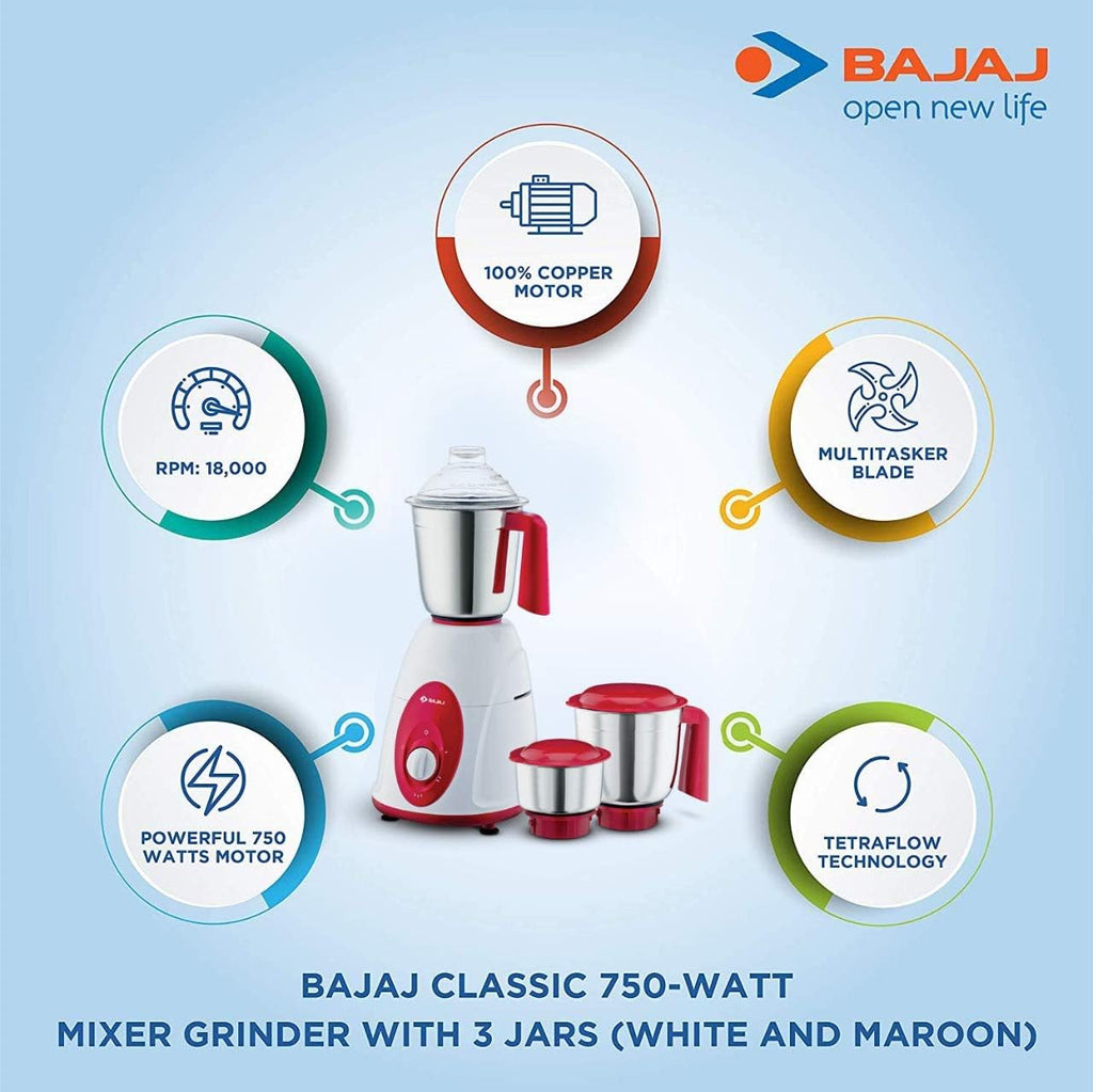 Bajaj Majesty Classic Indian Mixer Grinder, 750W (Rosso Bianco) 3 Contenitori |Adattatore Internazionale Extra|1 Mese di Garanzia|2 Anni di Garanzia sul Motore