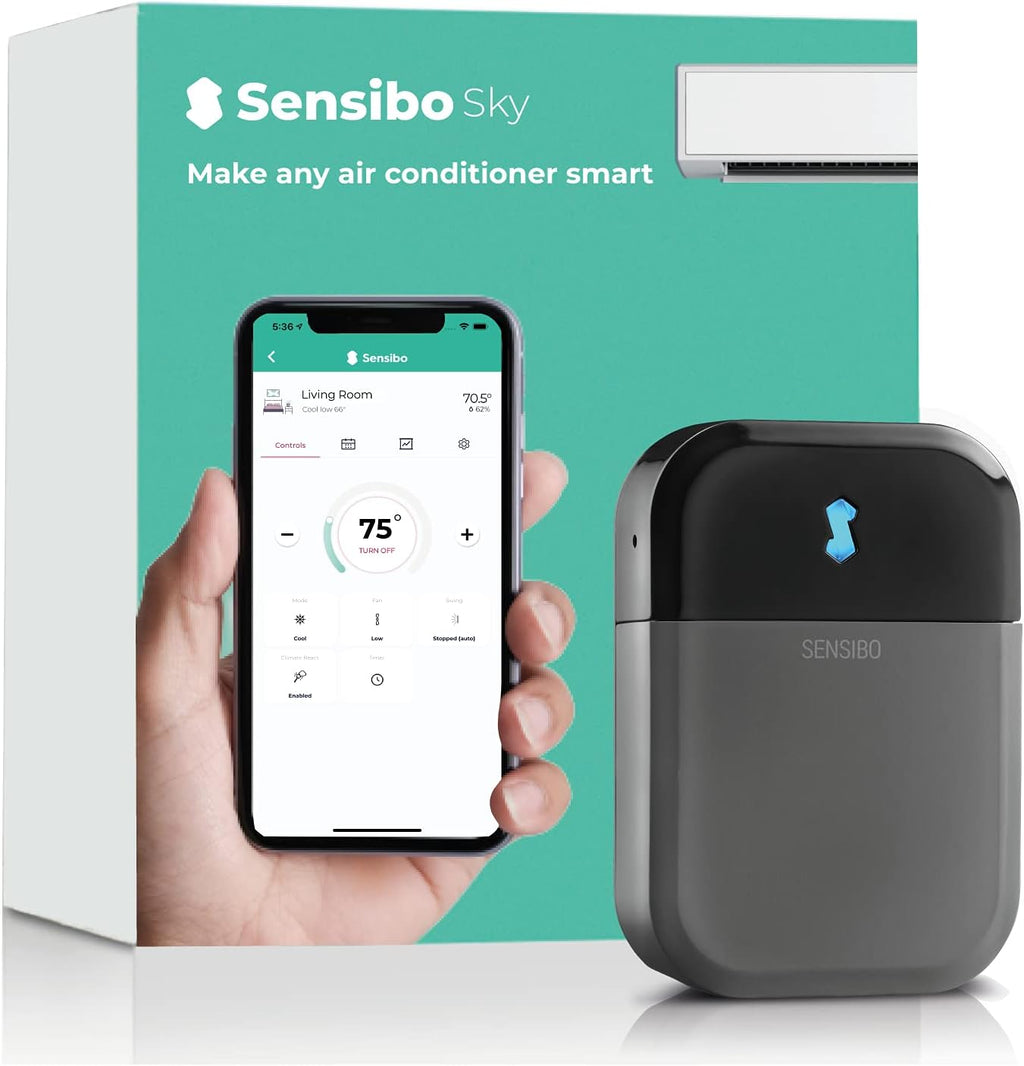 Sensibo Sky, controllo wireless e intelligente per condizionatori. Installazione fai da te facile e veloce. Comfort grazie all'app di controllo del termostato ad alta efficienza energetica. Compatibile con Google, Alexa e Siri