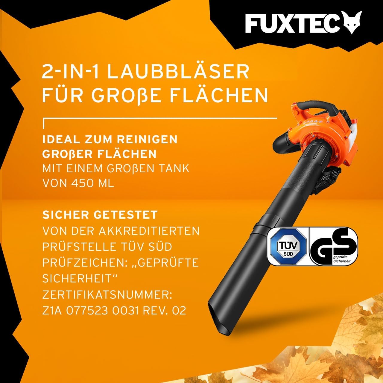FUXTEC Benzin Laubsauger 4in1 FX-LBS126 2-Takt Laubbläser & Laubhäcksler inkl. 2Blasrohre & 45l Fangsack – getestet Oberklasse 1,4 – Blasgeschwindigkeit 71 m/s