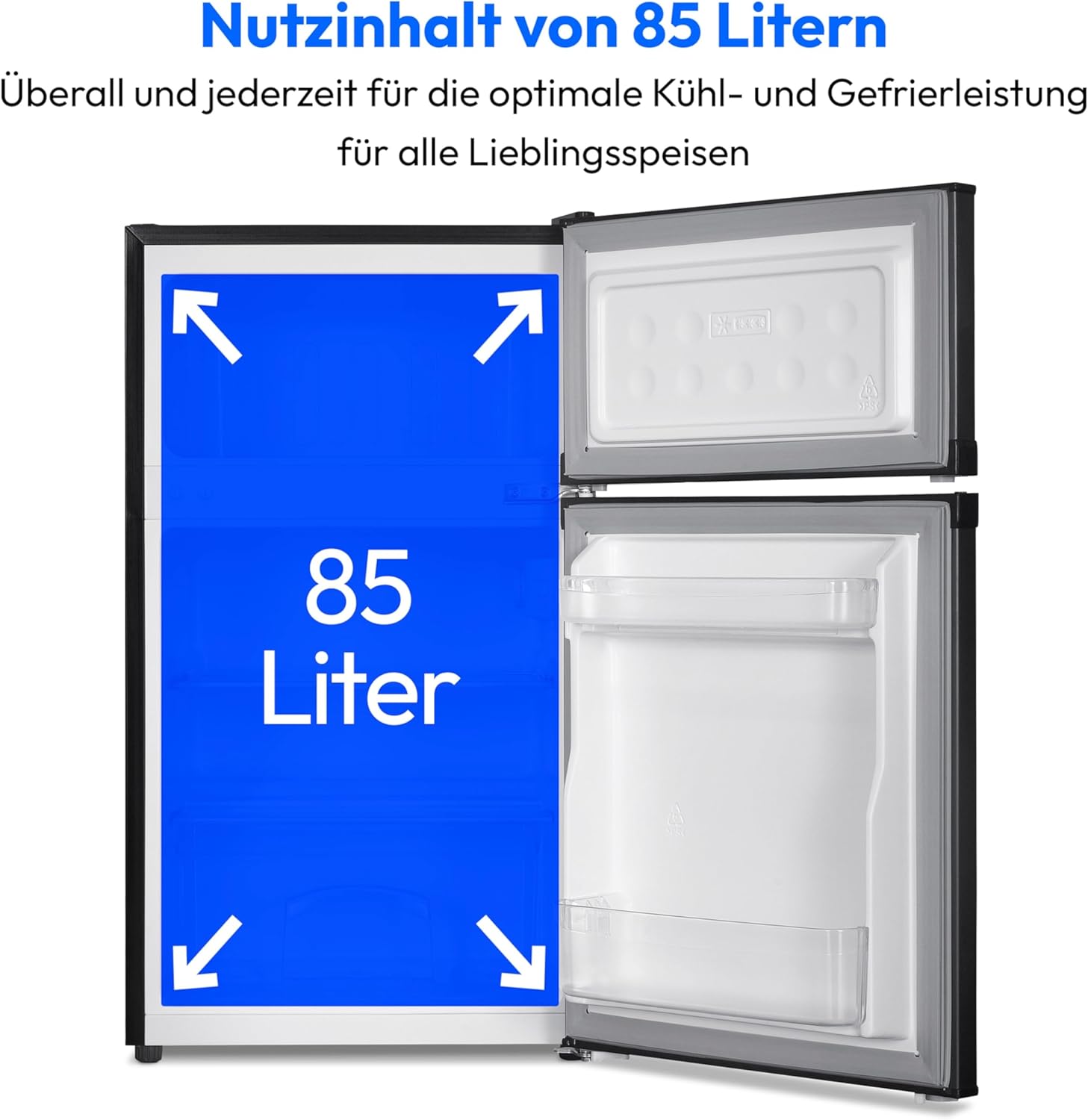 MEDION Mini Frigorifero Combinato (85 Litri, 61L Frigorifero, 24L Congelatore, Libera installazione, 40 dB, Cassetto Trasparente per Verdura, Porta Reversibile, MD 37689) grigio