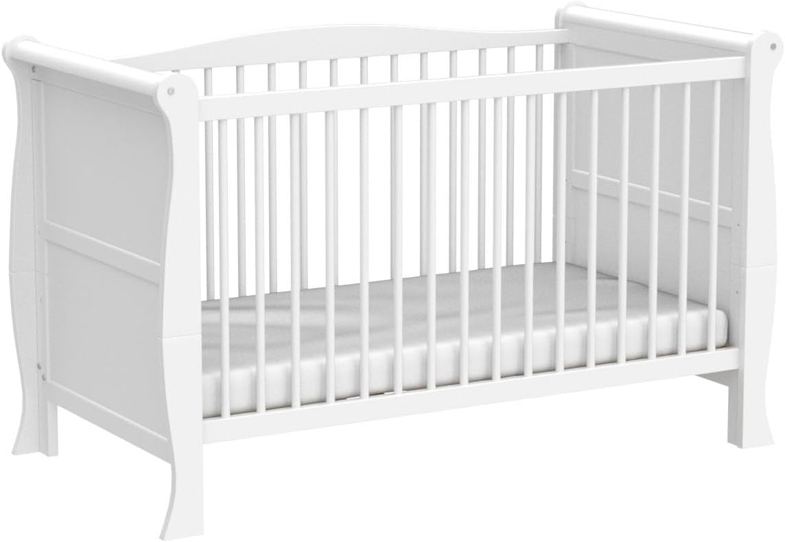 Marsell Baby Gitterbett Babybett Kinderbett mit Aloe Vera Schaumstoffmatratze Zahnschienen höhenverstellbar Weiß umbaubar zum Juniorbett