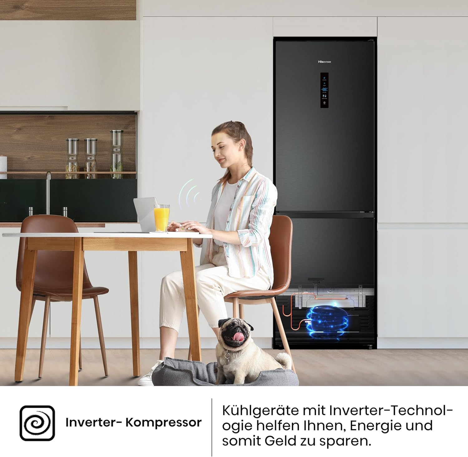 Hisense RB327N4ADD Frigorifero Combinato, Classe Energetica D, Total NoFrost, Porta Reversibile, Griglia Portabottiglie, Vano Frigo 171 Litri, Vano Congelatore 85 Litri, Look Acciaio Inox