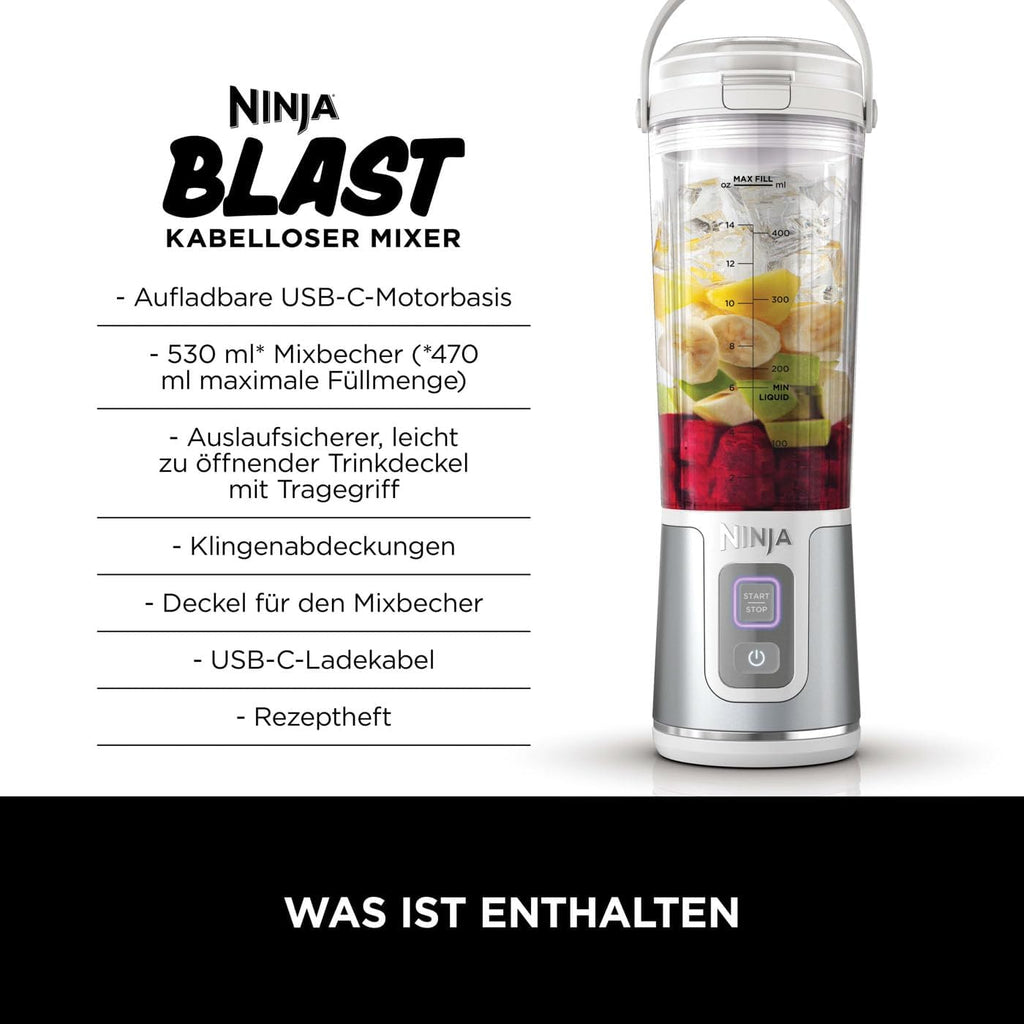 Ninja Blast Frullatore Portatile / Frullatore a Immersione / Frullatore per Smoothie, Tazza da 530 ml, Coperchio a Prova di Perdite, Mini Frullatore Potente, Senza Fili e Ricaricabile, Trita Ghiaccio e Frutta, Nero, BC151EUBK