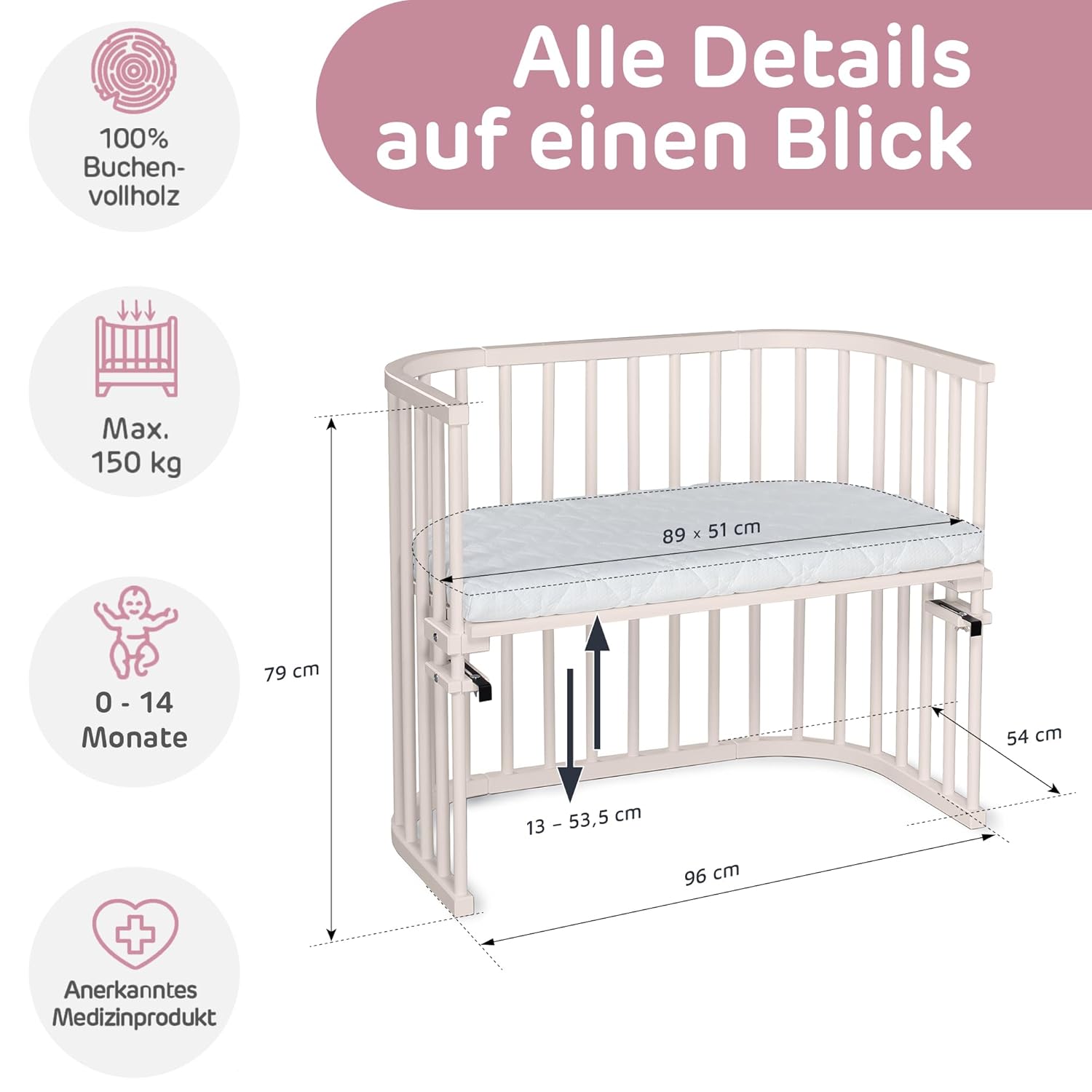 babybay Original Lettino da affiancare in massello di faggio / compatto e trasformabile / Altezza regolabile senza livelli preimpostati ed ecologico / Lettino evolutivo (laccato bianco) / Materasso incluso