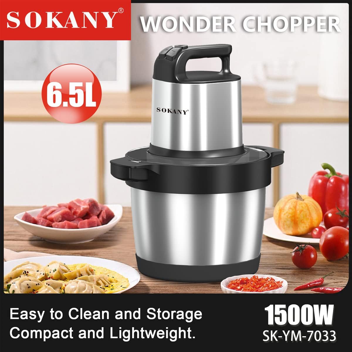 SOKANY Tritacarne Elettrico da Cucina 1500W con Ciotola in Acciaio Inox da 6,5L, Tritatutto con 3 Livelli di Velocità, Robot da Cucina con 4 Lame per Carne, Cipolle, Frutta, Verdura