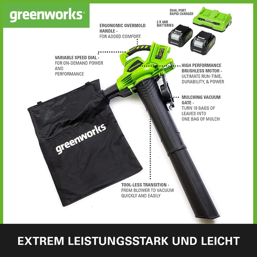 Greenworks 48V (2x24V) Aspiratore/Soffiatore per Foglie a Batteria con Tracolla, Motore Brushless, 322 km/h, 9 m³/min, Sacco di Raccolta da 45L, due Batterie da 4Ah e Caricabatterie, 3 Anni di Garanzia GD24X2BVK4X