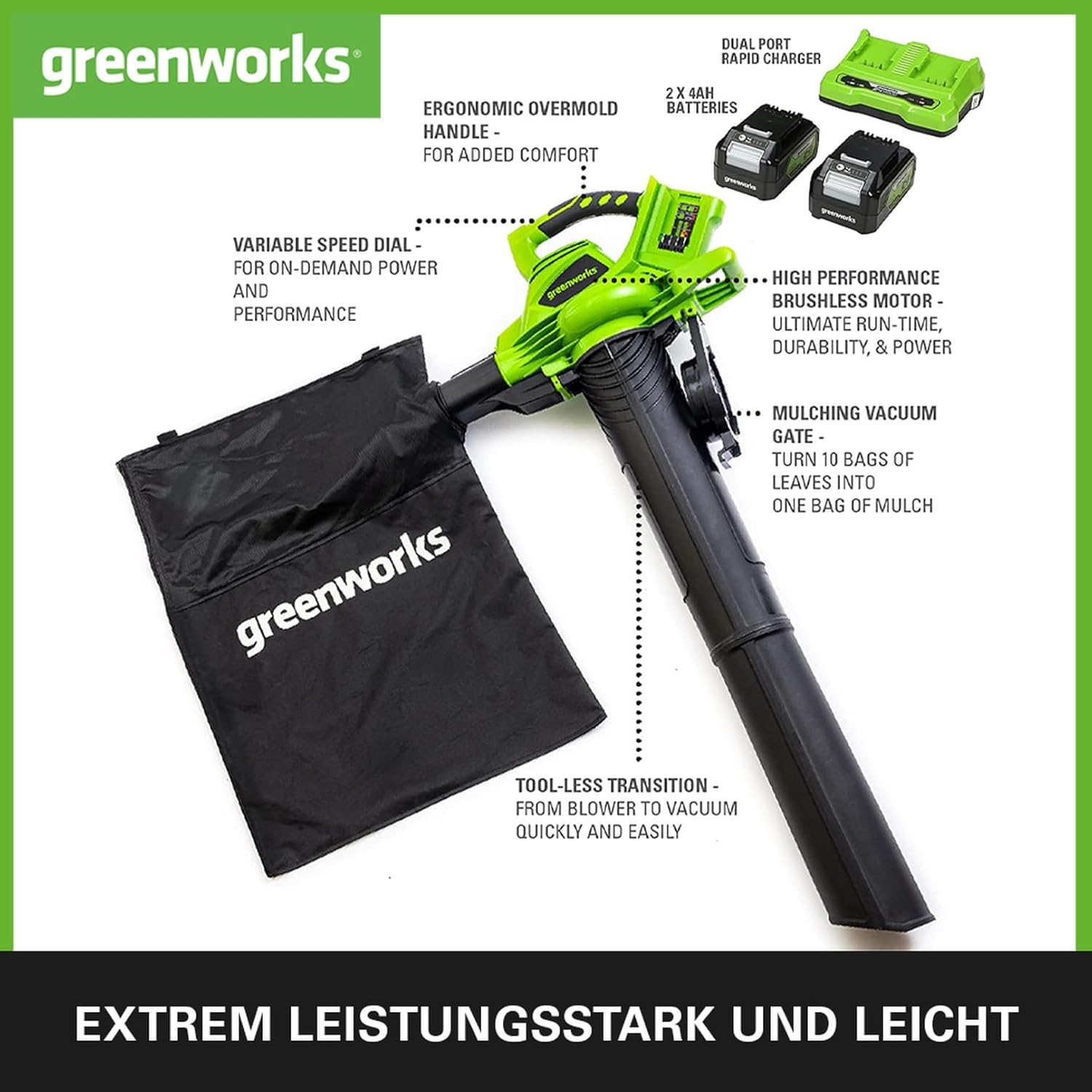 Greenworks 48V (2x24V) Aspiratore/Soffiatore per Foglie a Batteria con Tracolla, Motore Brushless, 322 km/h, 9 m³/min, Sacco di Raccolta da 45L, due Batterie da 4Ah e Caricabatterie, 3 Anni di Garanzia GD24X2BVK4X