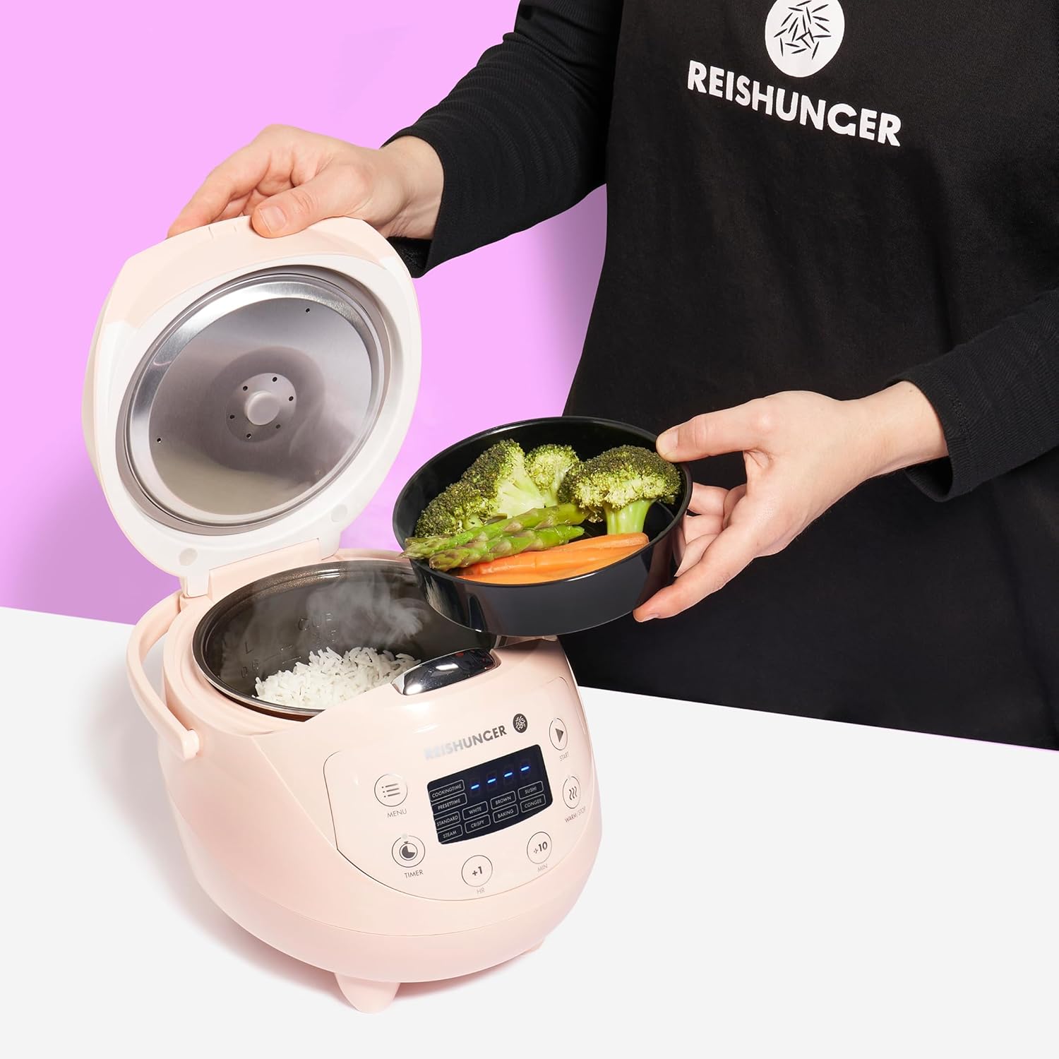 REISHUNGER Cuociriso digitale piccolo, nero | Da 0,6 L fino a 3 persone | Funzione mantenimento calore, timer e pentola premium | Multicooker e vaporiera piccoli, 8 programmi, tecnologia a 7 fasi