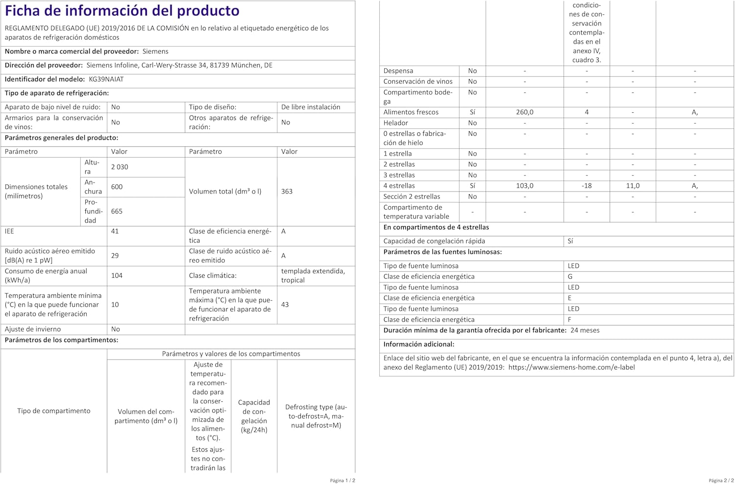 SIEMENS KG39EAICA iQ500 Frigorifero con congelatore, 201 x 60 cm, 249 L frigorifero + 94 L congelatore, LowFrost sbrinamento meno frequente, illuminazione a LED uniforme, BigBox spazio per alimenti congelati di grandi dimensioni