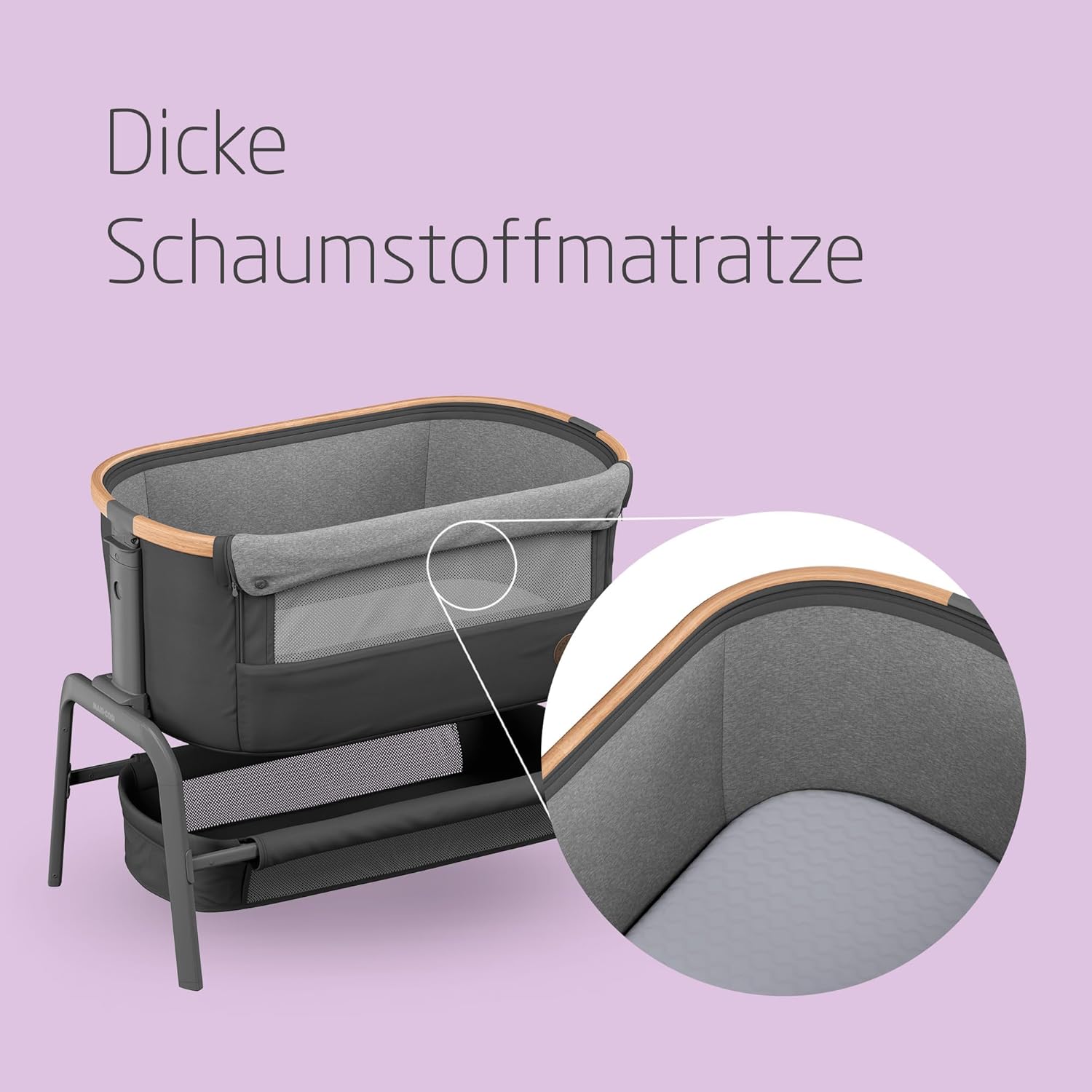 Maxi-Cosi Iora Beistellbett Baby, Faltbares Co-Sleeper, 0–6 Monate, max. 9 kg, 4 Neigungs- und 5 Höhenstufen, Leichtes Schieben, Bequeme Matratze, Großer Korb, Leicht zu Tragen, Essential Grey