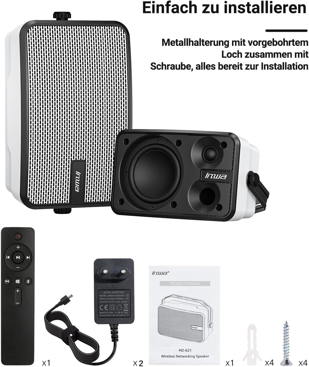 Inwa Altoparlante Bluetooth da Esterno, Montabile a Parete, Impermeabile (IPX5), Potente Sistema Audio Bassi per Interni ed Esterni, Sincronizzazione Fino a 100 Altoparlanti (2 Pezzi, MZ621)