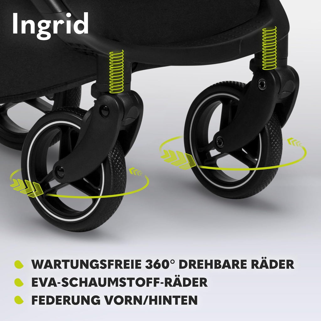 LIONELO INGRID Kinderwagen bis 22 kg von 6 Monaten bis 4 Jahren Große 360° schwenkbare Räder Volle Federung Einhändig zusammenklappbar Verstellbare Rückenlehne und Fußstütze Großes XXL-Verdeck