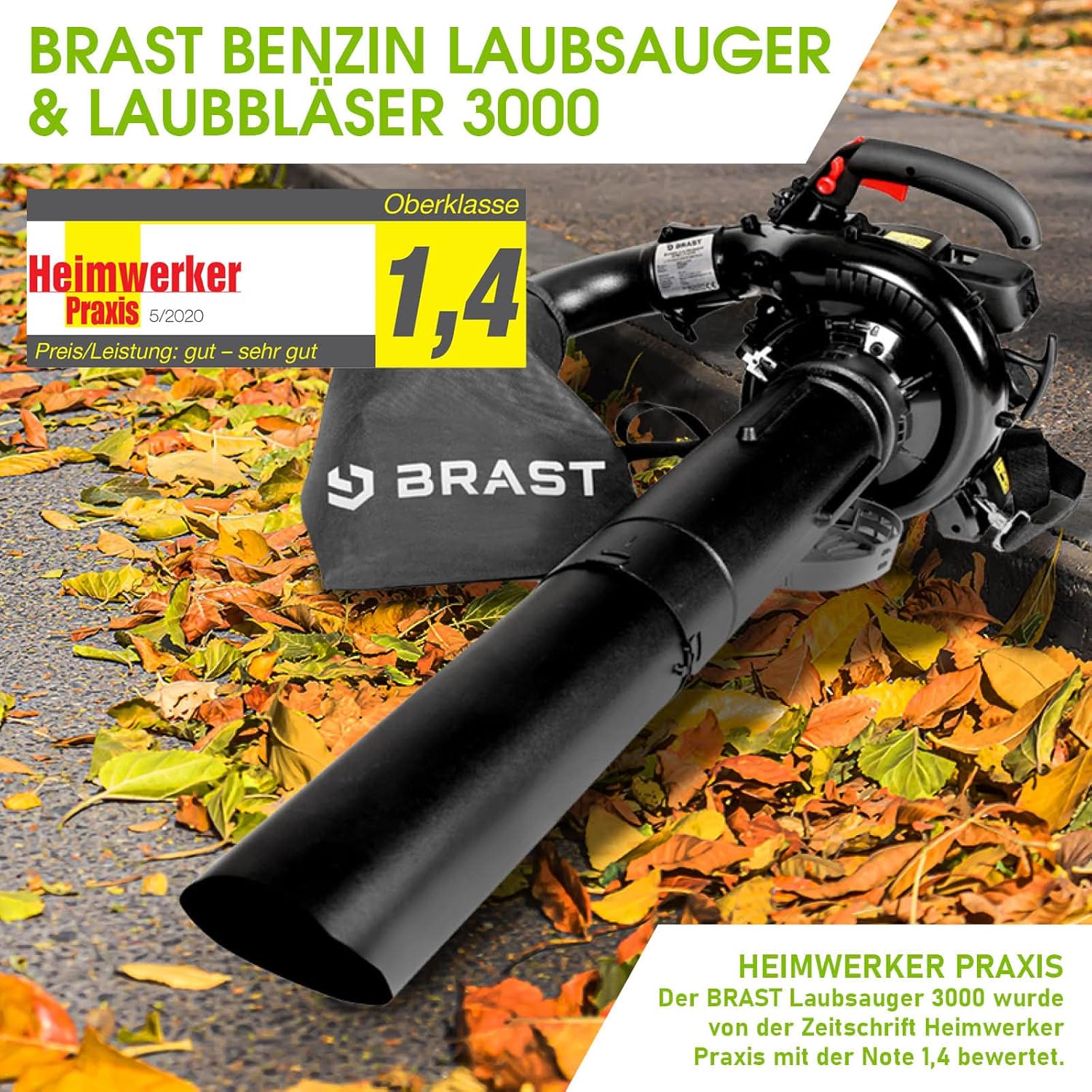 BRAST® Aspiratore Soffiatore per Foglie a Benzina 1,0kW(1,36PS) | Sacco di Raccolta da 55L | incl. 2 Tubi Soffiatori, Tracolla & Impugnatura Anti-Vibrazione | Funzione 4in1 | Velocità di Soffiatura 73 m/s