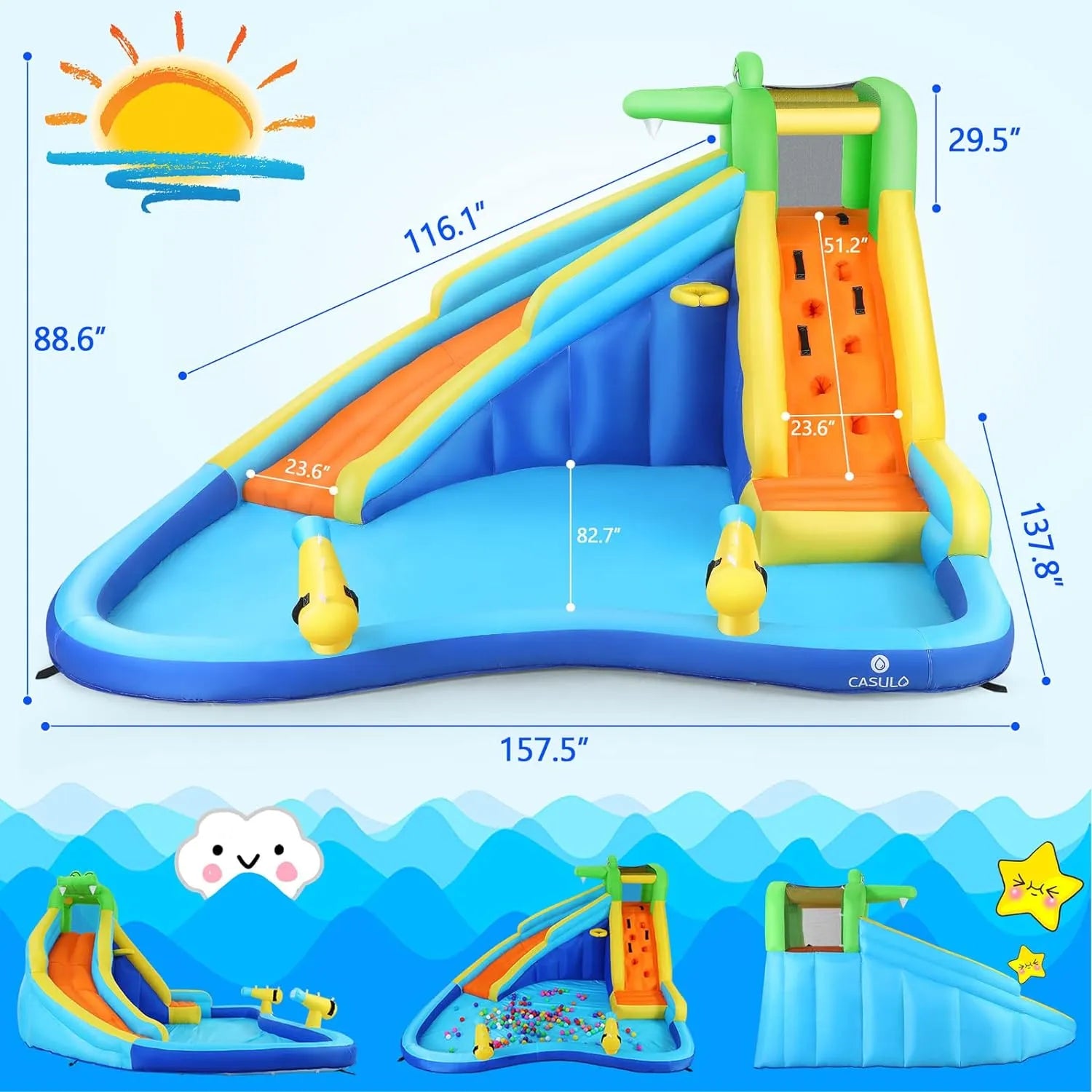 Scivoli d'acqua gonfiabili per bambini, parco acquatico gonfiabile 8-in-1 con soffiatore da 450 W, parete da arrampicata, piscina, 2 cannoni ad acqua, canestro da basket, scivolo ad acqua, irrigatore a coccodrillo come regalo per una festa in giardino