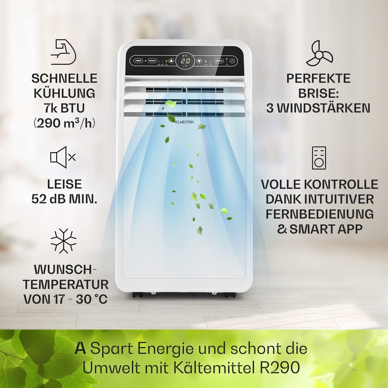 Klarstein Climatizzatore Portatile con Tubo di Scarico, Condizionatore 4-in-1 con Ventilatore, Deumidificatore e Modalità Notturna, Piccolo e Portatile per Casa e Ufficio, Controllo tramite App, 12000 BTU