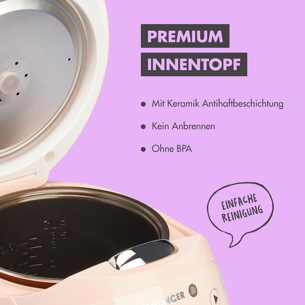 REISHUNGER Cuociriso digitale piccolo, nero | Da 0,6 L fino a 3 persone | Funzione mantenimento calore, timer e pentola premium | Multicooker e vaporiera piccoli, 8 programmi, tecnologia a 7 fasi