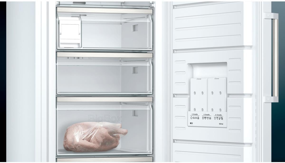 Siemens GS54NAWCV iQ500 Congelatore verticale, 176 x 70 cm, 327 L, NoFrost mai più sbrinamento, bigBox spazio per alimenti di grandi dimensioni, varioZone ripiani e cassetti flessibili in vetro, Bianco