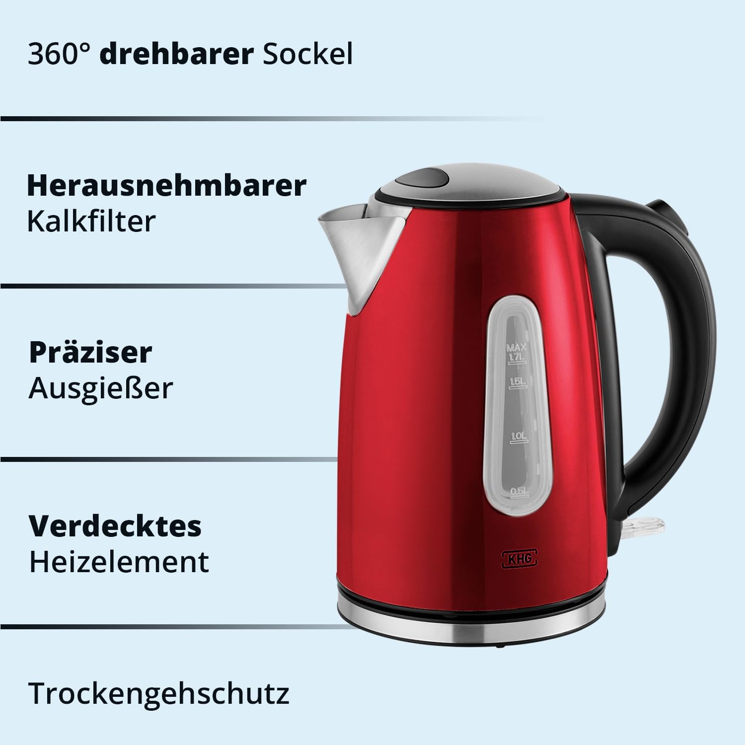 KHG Frühstücksset Wasserkocher, Toaster & Kaffeemaschine in Rot, Edelstahl Metallic Chrom, 1,7l Kapazität, 2 Toast Scheiben & 12 Tassen Kaffee, Kontrollleuchten, Wasserstandsanzeigen, Permanentfilter