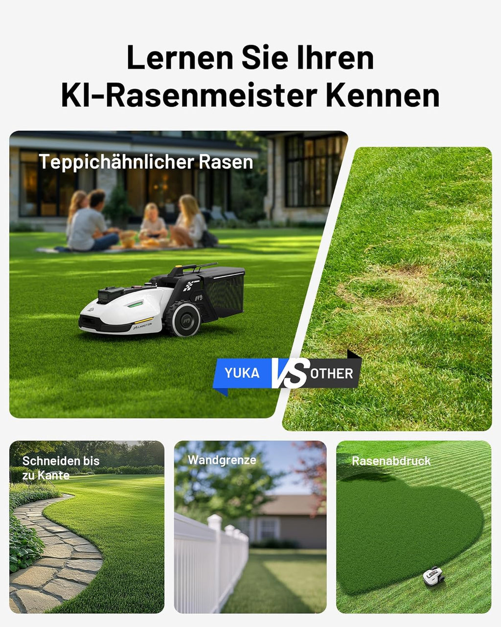 MAMMOTION YUKA Mini 500 Mähroboter ohne Begrenzungskabel, NetRTK+Vision, Keine RTK-Antenne erforderlich, Auto-Kartierung, Empf. 500m², Max. 700m², mit 4G-Modul, 50% Steigung