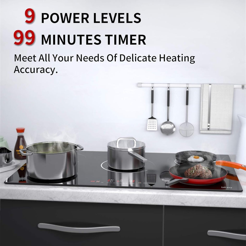 IsEasy 4 Zonen Einbau Induktionskochfeld mit 9 Leistungsstufen &1-99Min Timer, Boost-Funktion, Induktionskochplatte, Induktion Herdplatte mit 4 Platten, 60cm, 6800W, Schwarz