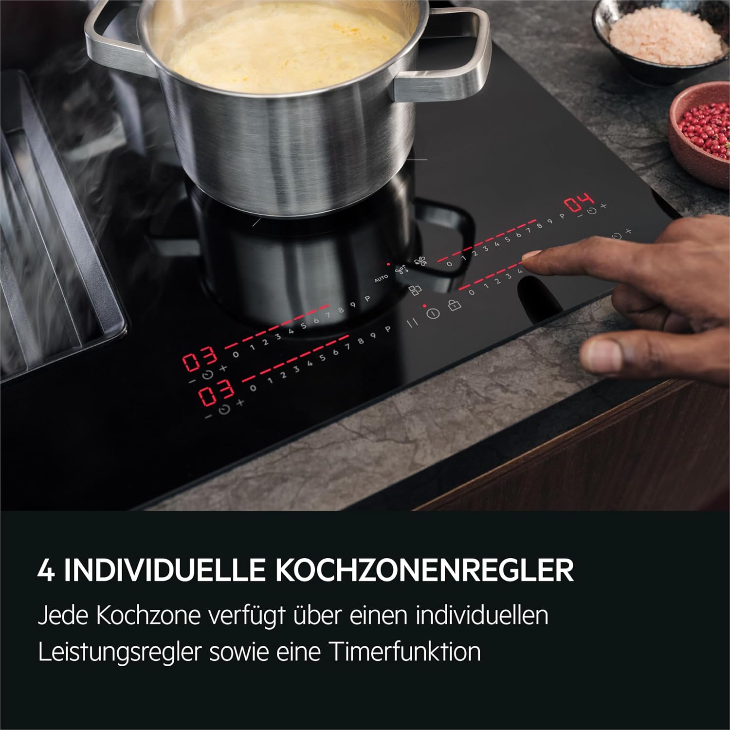 AEG piano cottura a induzione autonomo 80cm con cappa integrata / Prodotto in Germania / 4 zone cottura Flexi con funzione Bridge (combinazione di 2 zone) / Funzione automatica della cappa / Filtro a carbone attivo / COLI84COXB