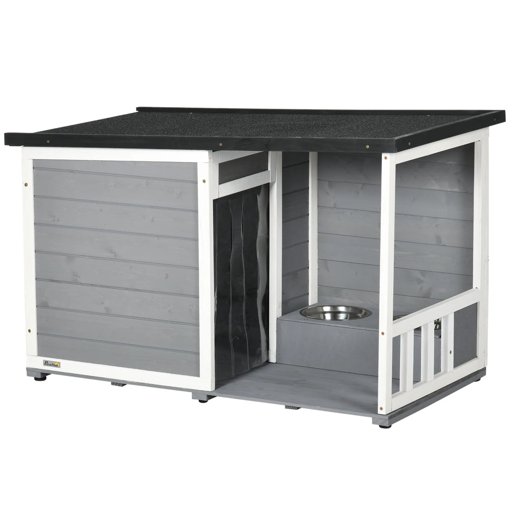 PawHut Hundehütte mit überdachter Veranda und Futternäpfen Outdoor