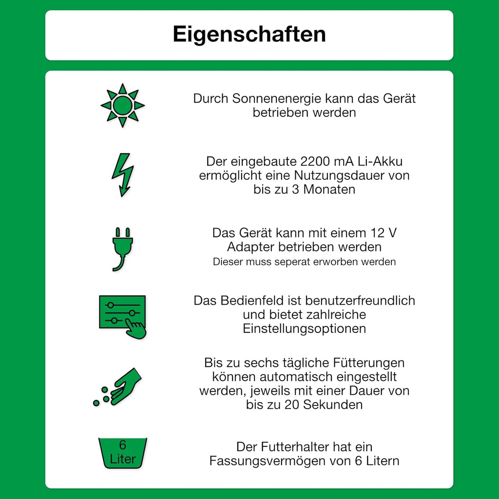 Wagner Green Solar Teich Futterautomat Automatic Fishfeeder 6 Liter, programmierbarer Futterspender für Fischfutter Pellets…