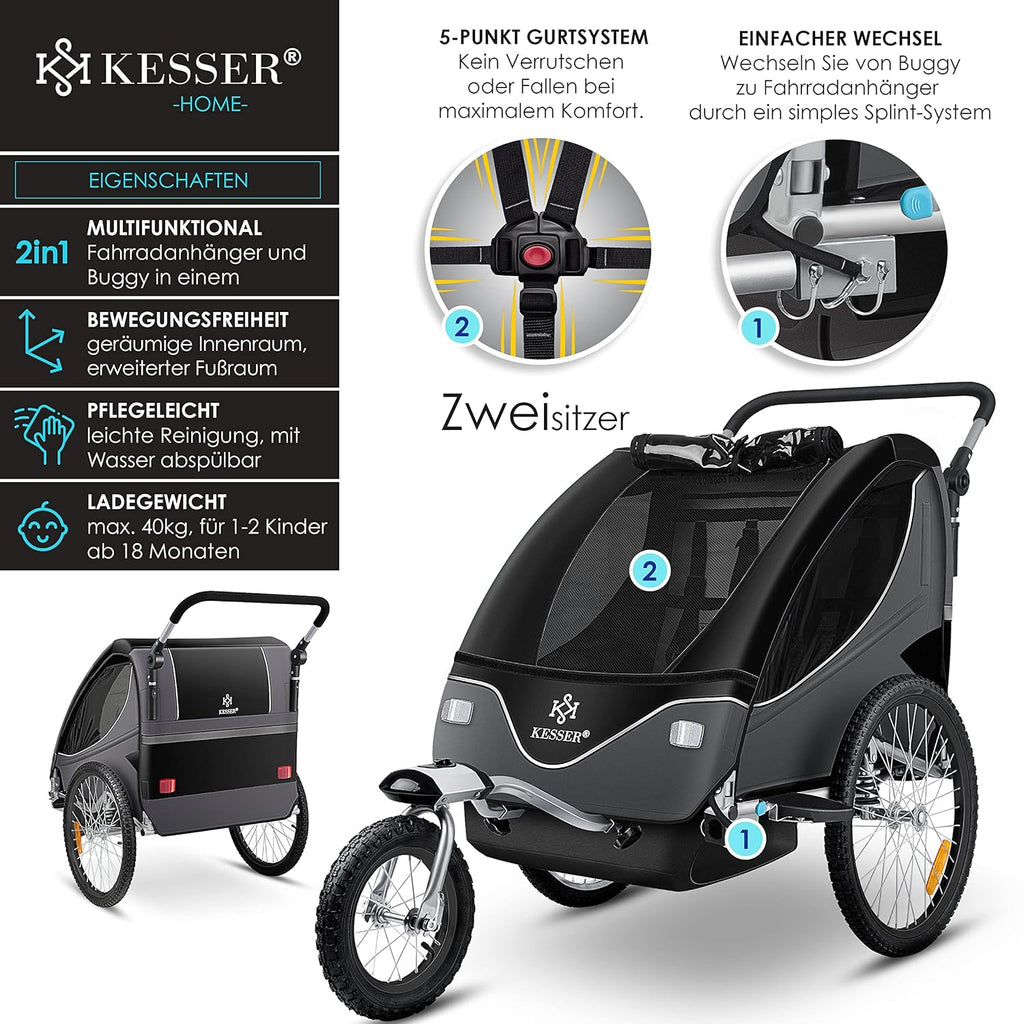 KESSER® Kinderanhänger Fahrradanhänger 360° Drehbar mit Federung 2in1 Joggerfunktion Kinderfahrradanhänger + 5-Punkt Gurt Jogger Fahrrad Anhänger für 1 bis 2 Kinder max. 40kg Inkl. Warnfahne, Schwarz