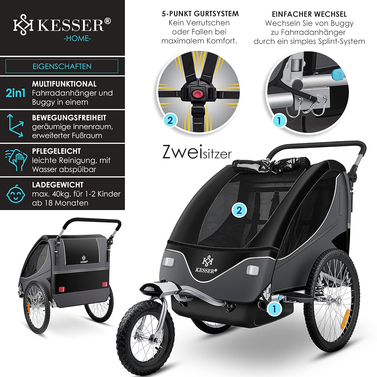 KESSER® Kinderanhänger Fahrradanhänger 360° Drehbar mit Federung 2in1 Joggerfunktion Kinderfahrradanhänger + 5-Punkt Gurt Jogger Fahrrad Anhänger für 1 bis 2 Kinder max. 40kg Inkl. Warnfahne, Schwarz
