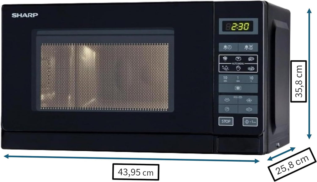 Sharp R242BKW Forno a microonde Solo / 20 L / 800 W / 5 livelli di potenza / 8 programmi automatici / Scongelamento a tempo e in base al peso / Blocco di sicurezza per bambini / Modalità risparmio energetico / Piatto girevole in vetro (25,5 cm) / nero